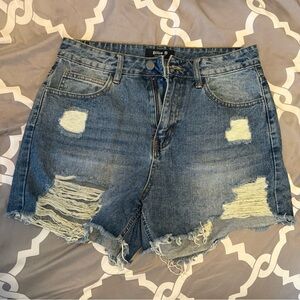 Blue B Distressed High-Rise Denim Shorts - Medium Blue